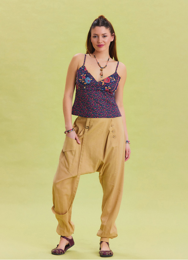 Rope Detailed Buttoned Elastic Waist Camel Bohemian Trousers 4557